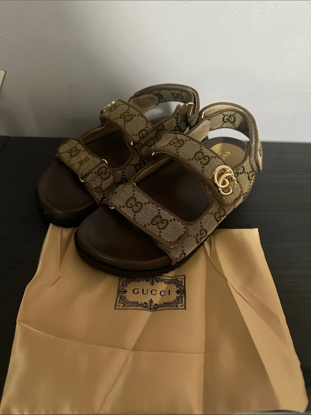 Beige/Brown GG Canvas Double-Strap Sandals
